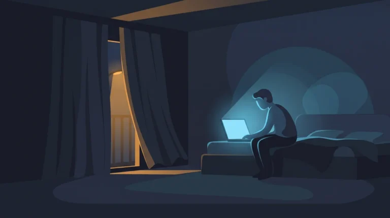 Mężczyzna nocą przy laptopie w ciemnej sypialni, uzależnienie od pornografii