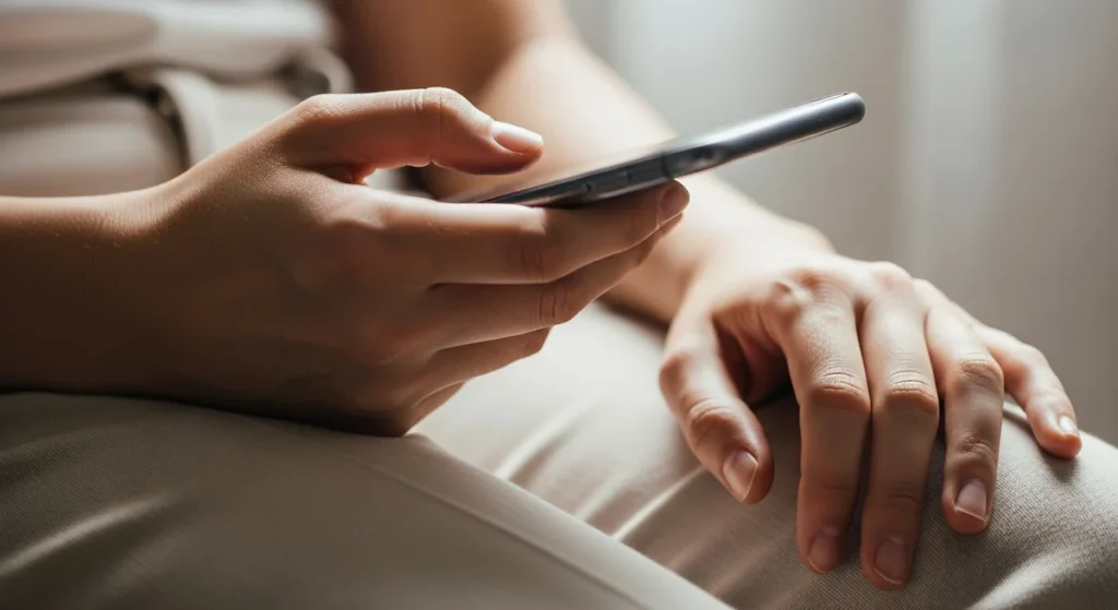 Zaciśnięte dłonie kobiety trzymające smartfon ekranem w dół, zazdrość