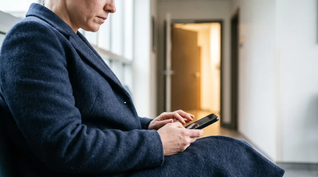 Młoda kobieta w poczekalni waha się przed umówieniem pierwszej wizyty na terapię par