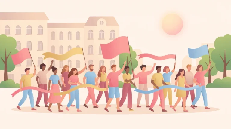 Marsz równości na miejskim placu z chorągiewkami w kolorach flagi panseksualnej