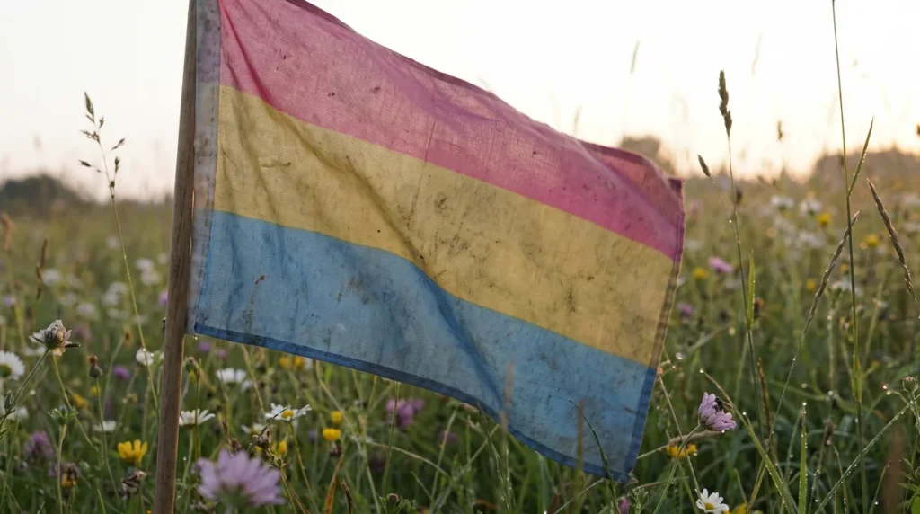 Zbliżenie na przypinki i wstążki w kolorach panseksualnej flagi na płóciennej torbie