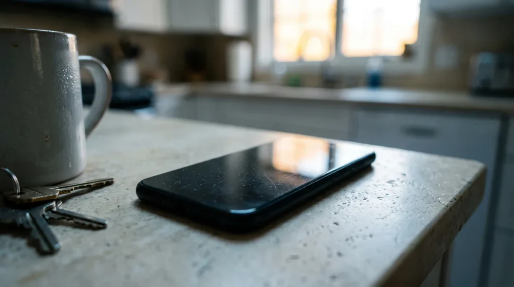 Telefon odłożony ekranem w dół na blacie kuchennym jako symbol utraconego zaufania