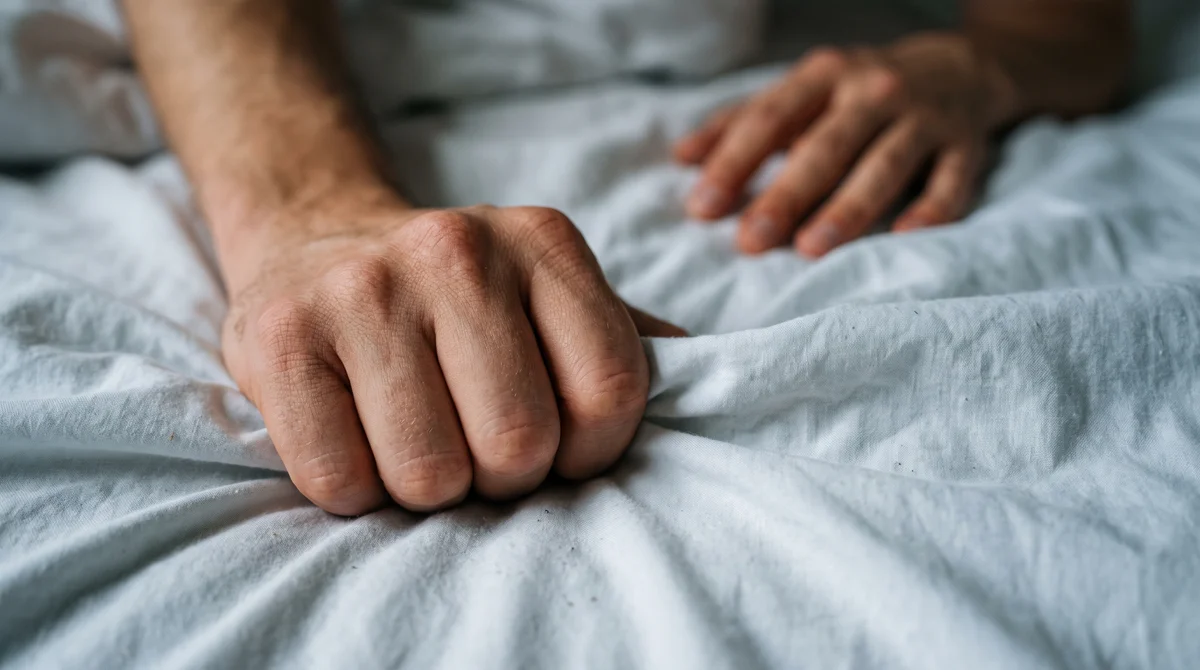 Zbliżenie dłoni zaciskającej prześcieradło jako obraz napięcia i braku orgazmu
