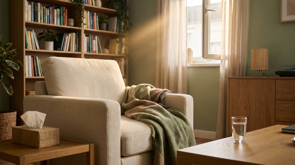Wnętrze gabinetu psychologicznego z pustym fotelem i światłem wpadającym przez okno