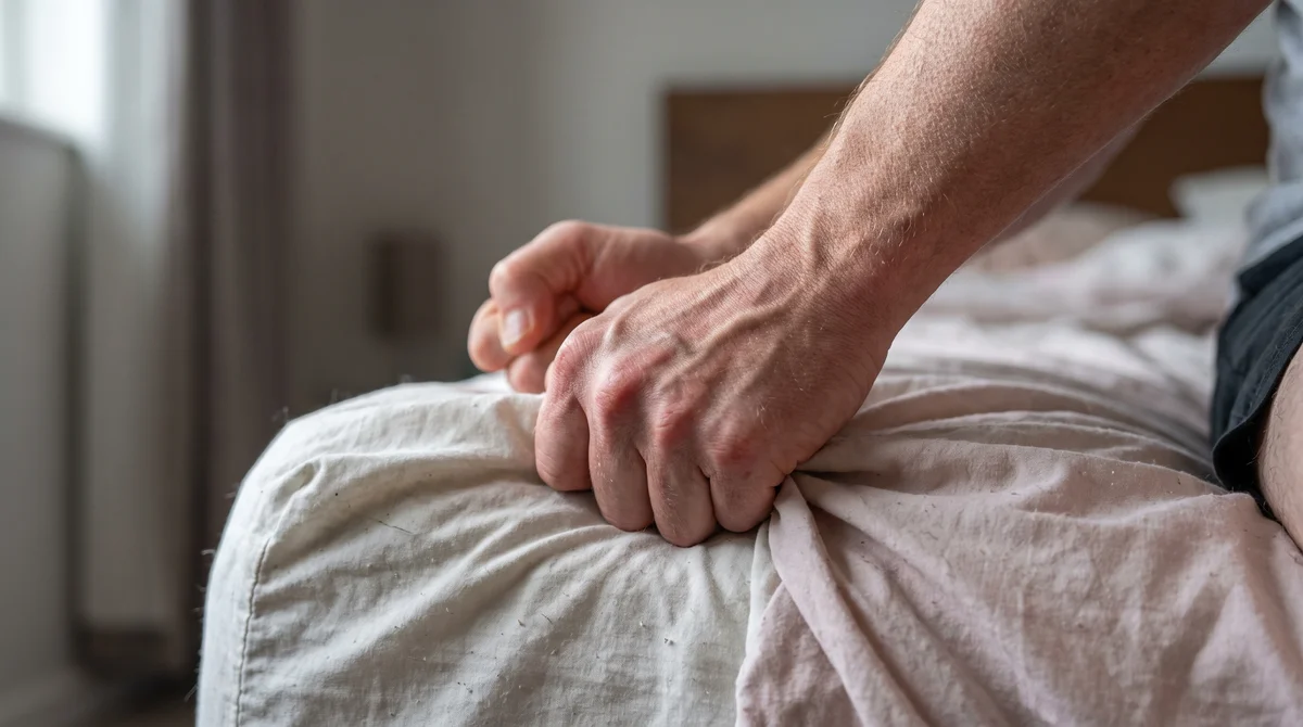 Zbliżenie zaciśniętych dłoni na pościeli jako objaw reakcji lękowej ciała