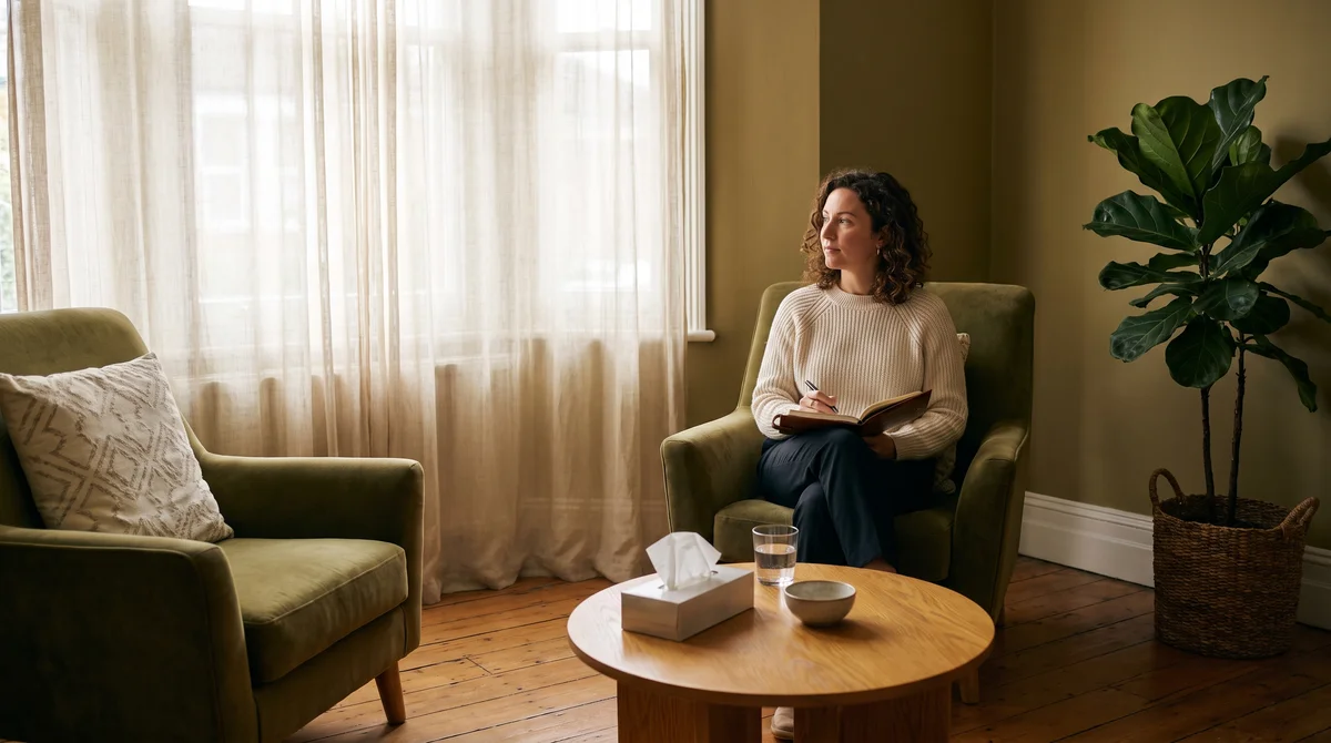 Gabinet terapeutyczny z fotelami i notatnikiem, terapia lęku przed seksem