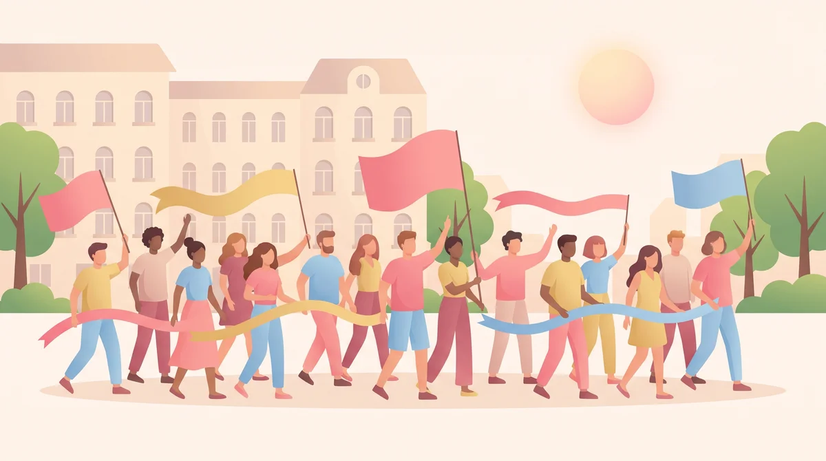 Marsz równości na miejskim placu z chorągiewkami w kolorach flagi panseksualnej