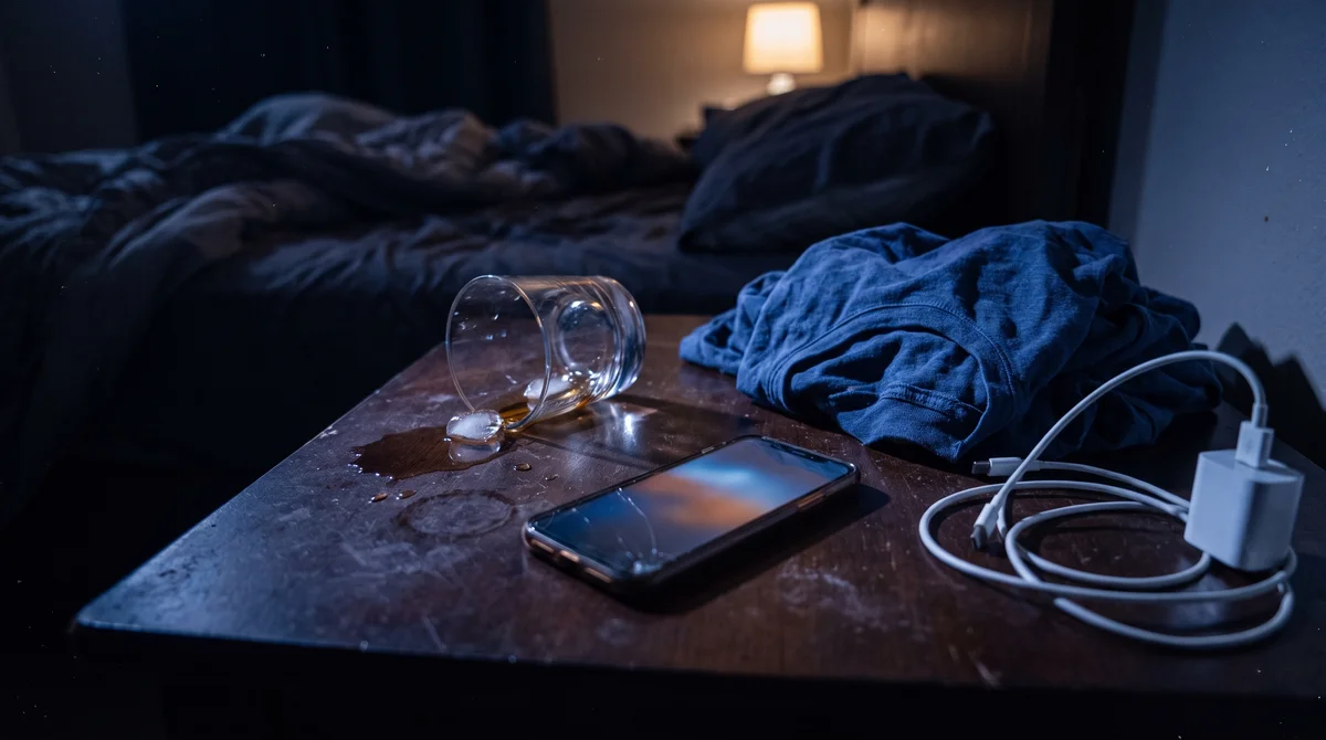 Szklanka alkoholu i telefon na nocnej szafce jako biologiczne przyczyny spadku libido